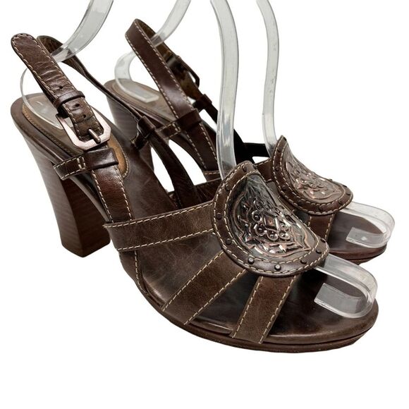 COLE HAAN Brown Chunky Stacked High Heel Genuine Leather Slingback Sandals 7.5 - Picture 1 of 16